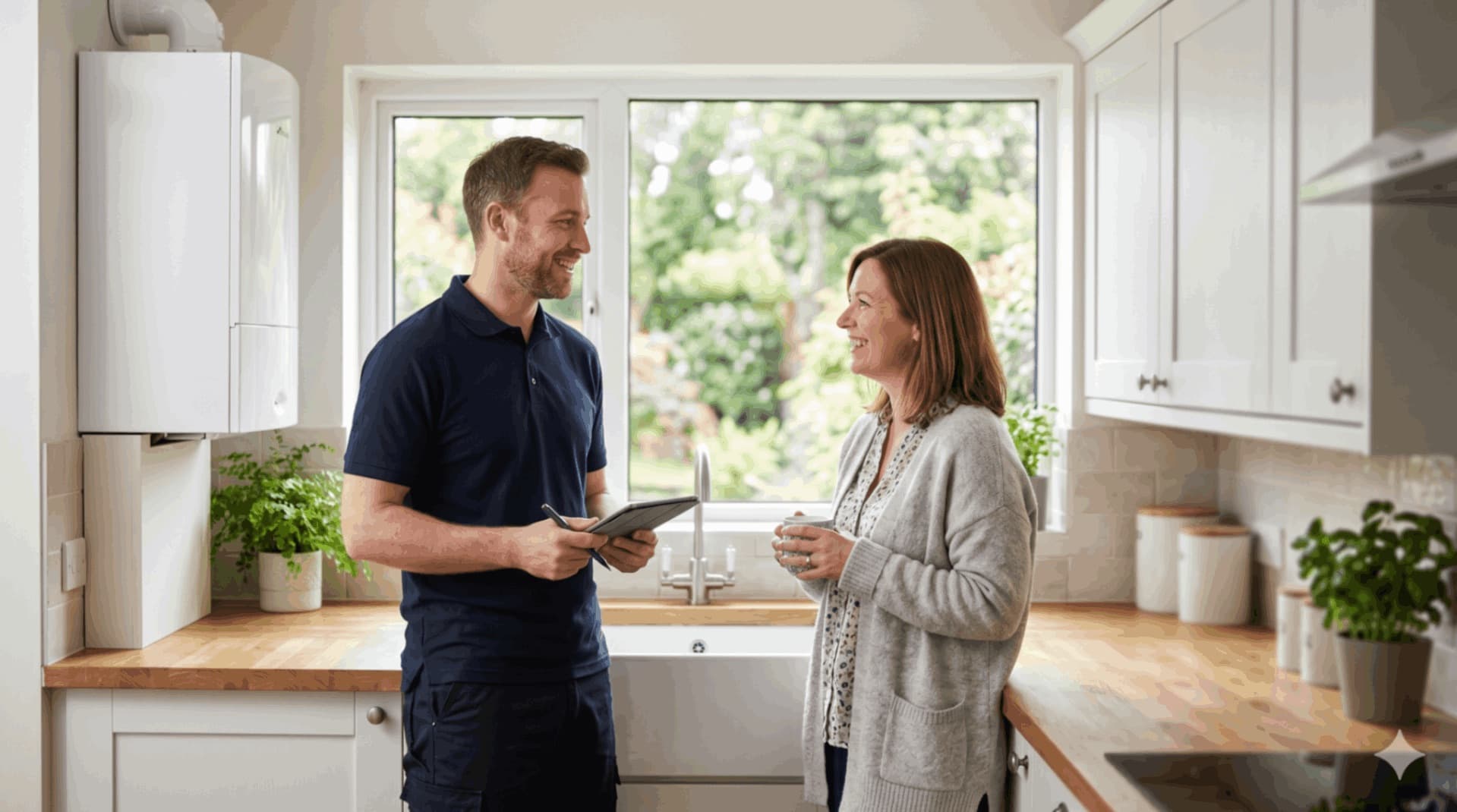 A heating engineer discussing a service plan with a homeowner in a UK kitchen