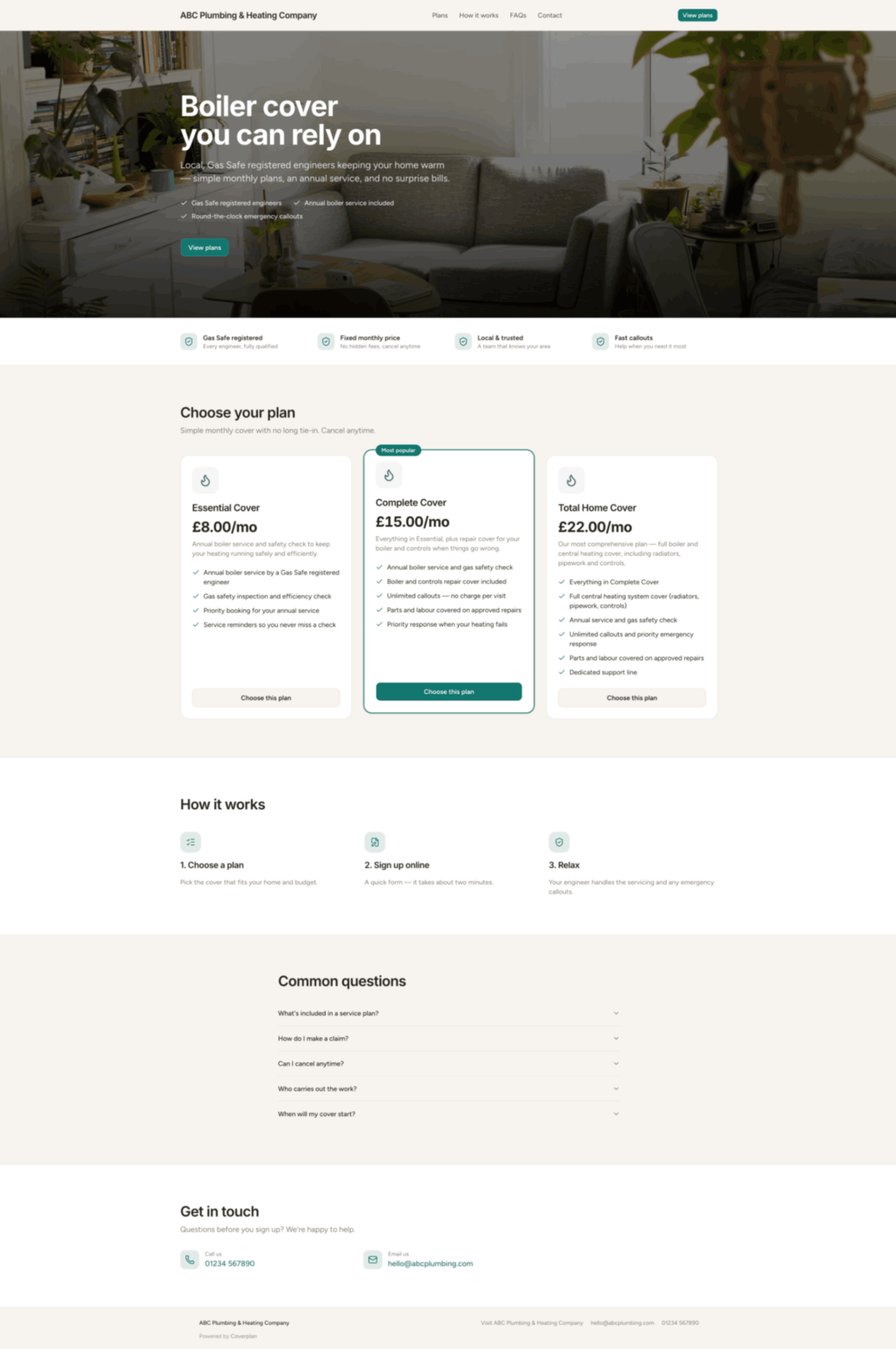 A plumbing firm's own branded Coverplan landing page, showing their logo, cover plans and prices as a homeowner would see it.