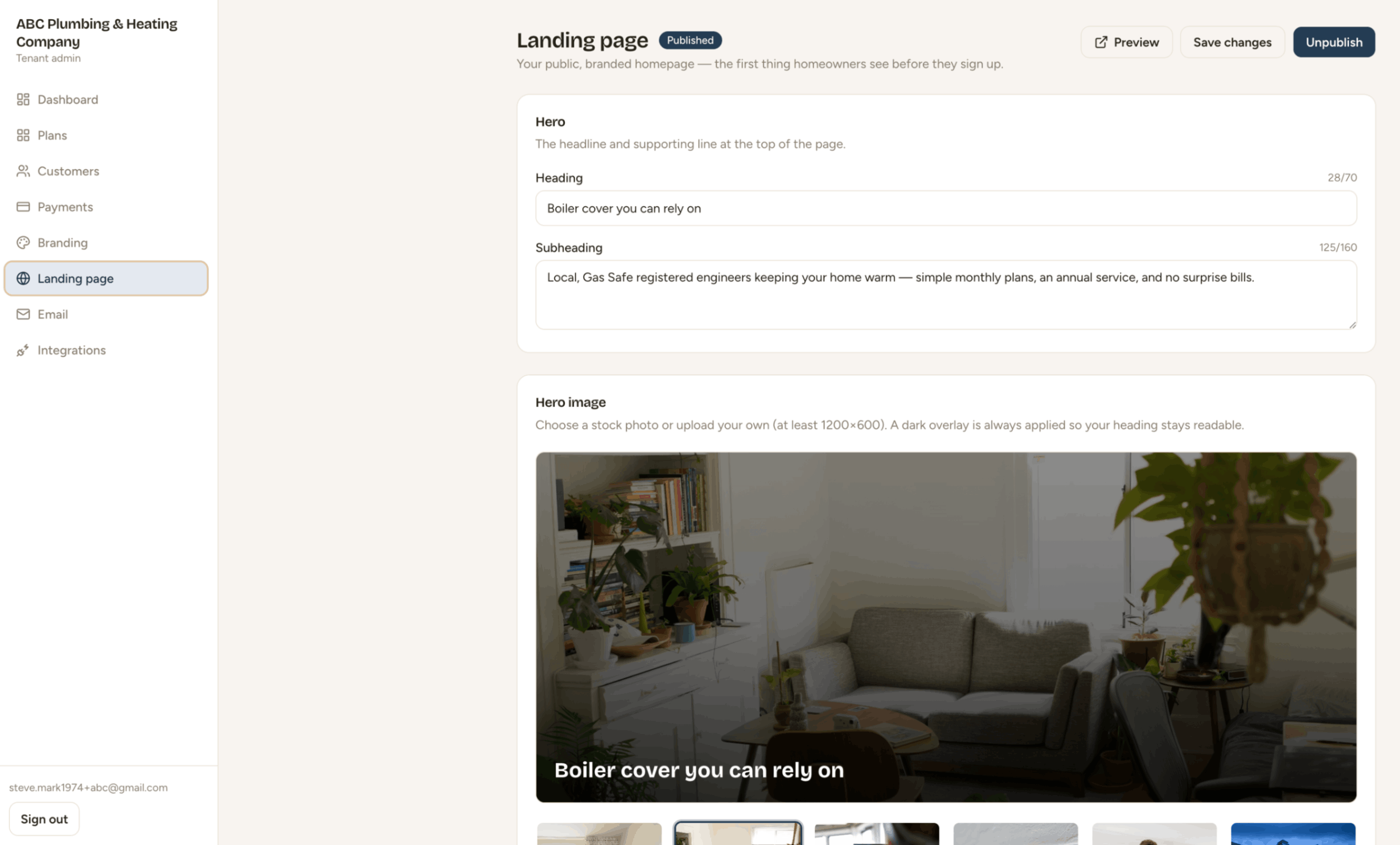 The Coverplan branding control panel, where a plumber edits their landing page logo, images, fonts, colours and copy from one screen.